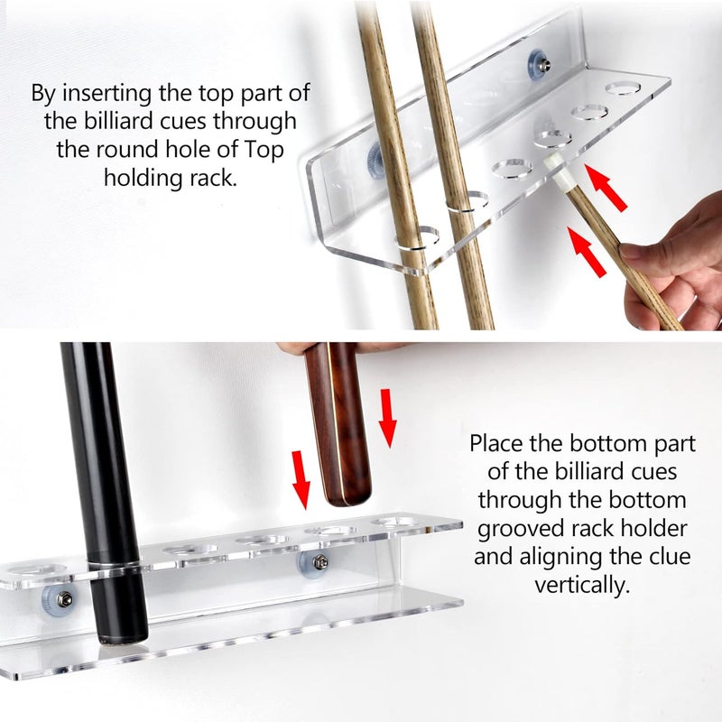 BVANQ Pool Cue Rack Wall Self-adhesive Mounted Rack for Billiard,Optional 2 Style Acrylic Pool Stick Stand Holds 6 Cues (Top Hole 6 Cues Holder) - Image 4